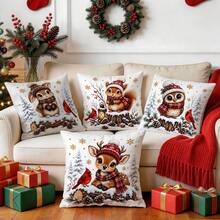 4pcs Forest Animals Christmas Pillow Covers, Rabbit Squirrel Owl Deer Cardinal Bird Print Pattern, Single-Sided Printed Pillow Covers/Cushion Covers, Multi-Scene Atmosphere Decoration Pillow Covers Suitable For Living Room Sofa Bedroom, Pillow Insert Not Included - Multicolor - View 8