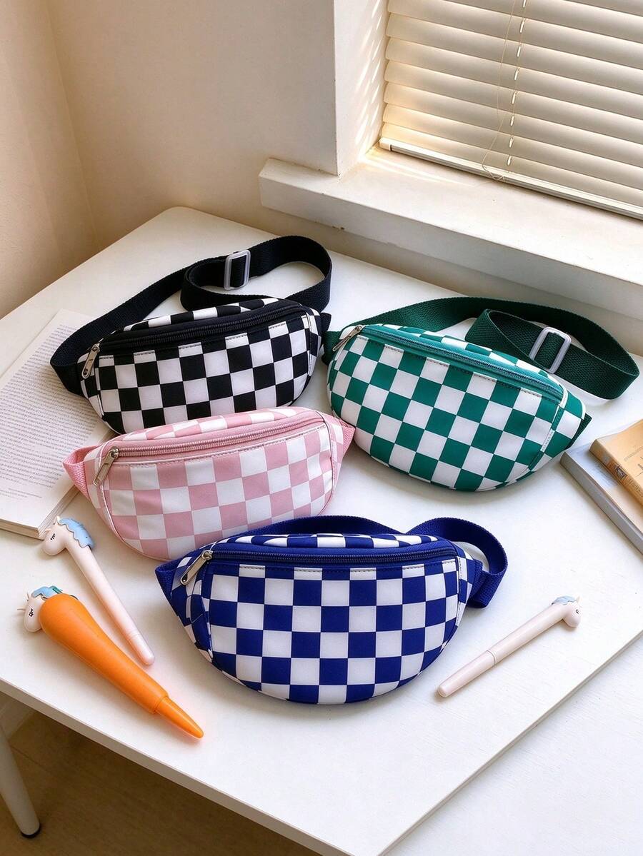 Tas Pinggang Anak Motif Papan Catur, Pilihan Warna Beragam, Tas Selempang Kasual, Tas Koin Olahraga Luar Ruangan Ringan dengan Tali yang Dapat Diatur, Cocok untuk Penggunaan Sehari-hari - A - View 1