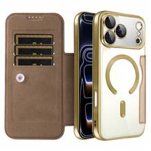 1件 Apple 17 Pro Max 翻蓋全包覆手機殼 A56 磁吸透明保護套，附卡槽防摔皮革殼 - 金色 - 查看 3