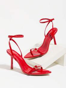Elegant Sexy Red Open Toe Stiletto Sandals, Cross Back Strap Heels With Rhinestone Square Buckle For Party Banquet - Red - View 6