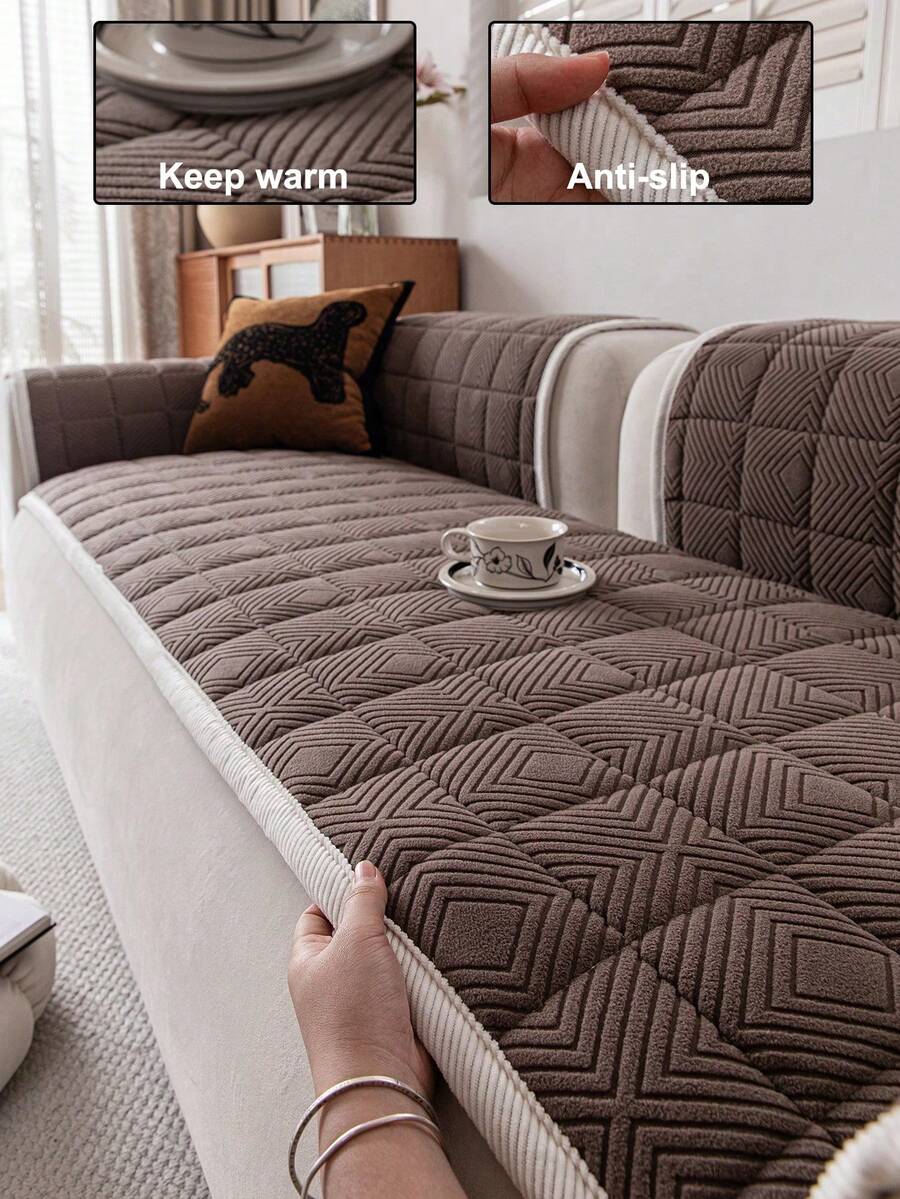 1pc Quilted Plush Sofa Cover, Solid Color Nordic Style Thickened 3D Design Couch Cover, Anti-Slip Anti-Scratch Sofa Protector For Living Room, Bedroom, Study Room, Fits 1, 2, 3, 4 Seater Sofa With Armrests And Backrest - Brown - View 1