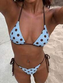 Women's Fashion Purple 2 Pieces Bikini Set, Summer Beach Vacation Style, Random Print - Light Blue - View 10