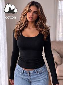 Women's Soft Pure Cotton Long Sleeve Crew Neck T-Shirt, Regular Fit, Comfortable For Daily Wear And Layering - Black - View 6