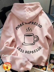 Women's Thermal Lined Hooded Sweatshirt, Coffee Cup Graphic, Printed With "MORE ESPRESSO LESS" Text, Y2K Style, Autumn/Winter - Sand Red - View 2