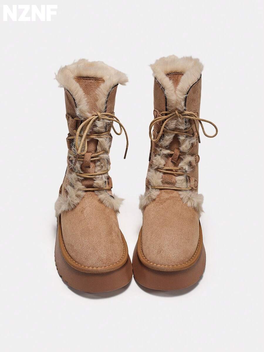 NZNF Botas de nieve altas con suela gruesa y forro térmico vintage para ...