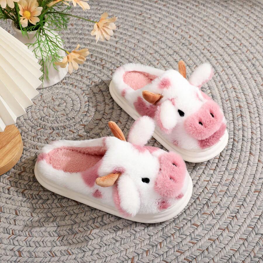 Winter Women's Home Slippers Cow Pattern Cartoon Non-Slip Indoor Plush Slippers Couple Slippers Pink Little Cow