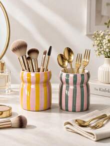 1pc Hand-Painted Striped Ceramic Makeup Box, Brush, Pen And Comb Storage Rack, Kitchen Utensil Holder For Living Room/Bedroom, Desktop Decor, Holiday Gift For Family And Friends, Aesthetic Home - View 5