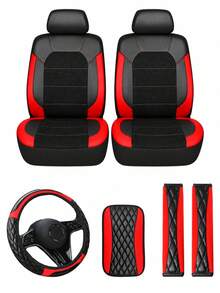 13/4pcs Universal Car Seat Covers - Black PU Leather & Breathable Mesh Seat Protector, Includes Steering Wheel Cover, Armrest Pad And Shoulder Strap Cover - Fine 3D - View 8