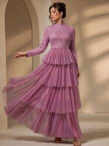 Women's Long Party Dress, Layered Mesh Skirt, Contrast Lace Collar Long Sleeve Top, Elegant A-Line Dress - Pink - View 8