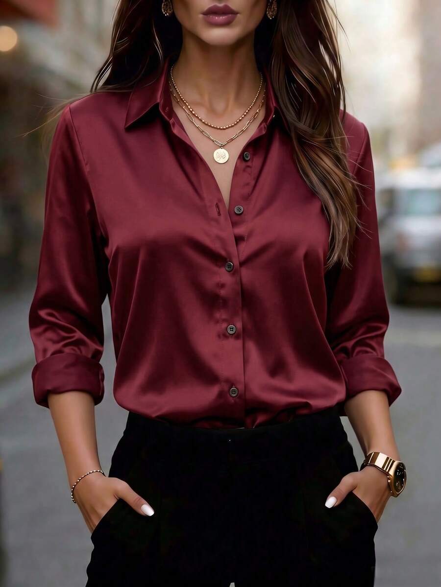 Women's Solid Color Satin Shirt, Lapel Collar Long Sleeve Front Button-Up Blouse, Suitable For Business, Office, Commute, Home, Vacation, Spring, Autumn, Winter - Red - View 1