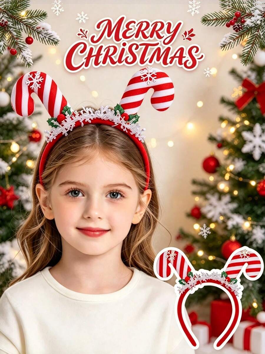 New Christmas Headband Candy Cane Design With Bells And Berries, Children's Christmas Party Gift Headband - Multicolor - View 1