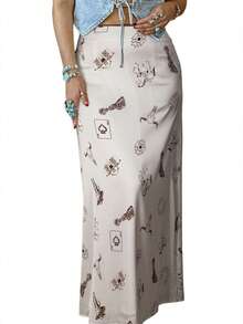 Acelitt Women's Beige Western Style Wild Horse Print Satin Casual Bodycon Skirt, All Season - Multicolor - View 1