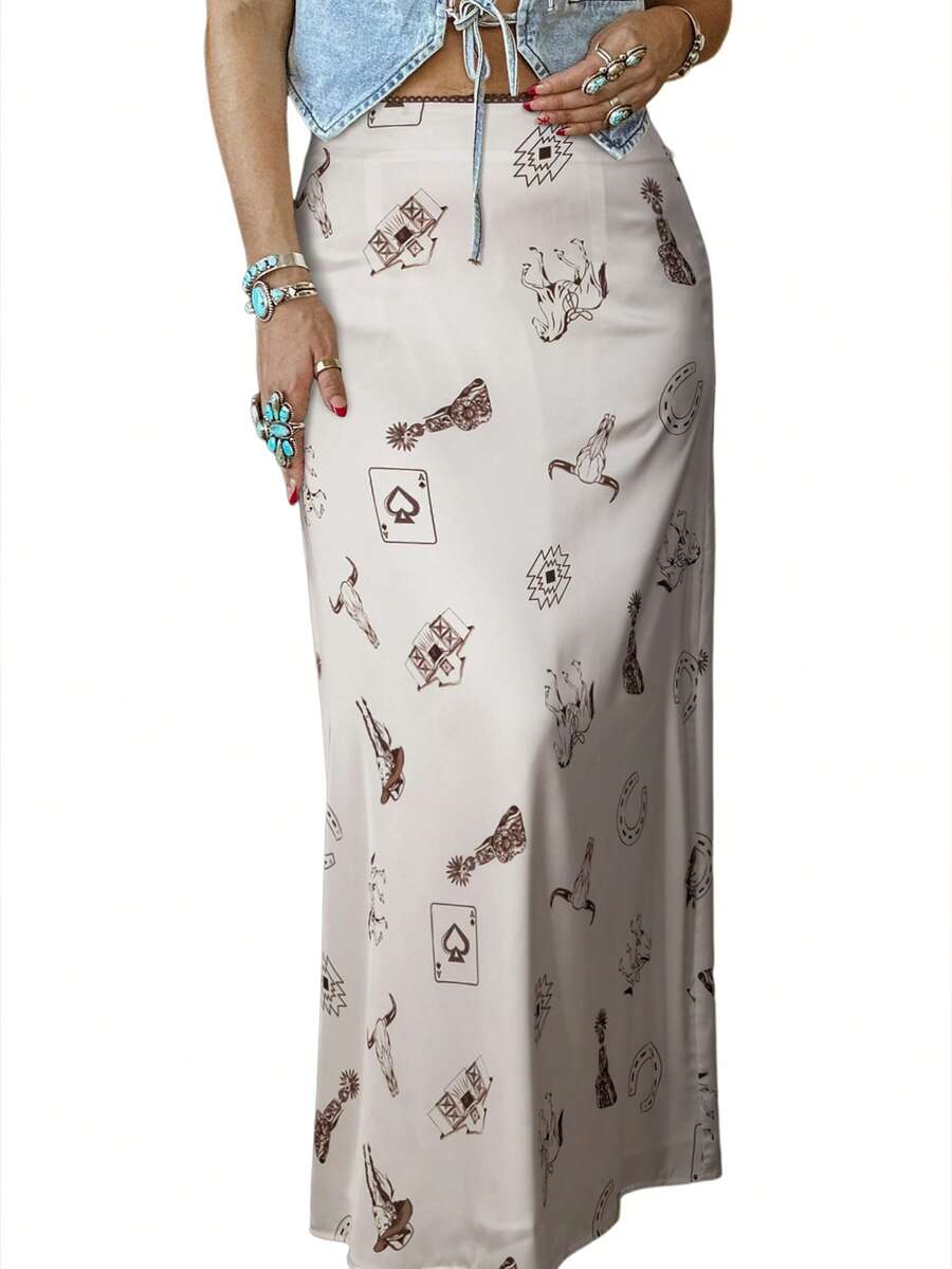 Acelitt Women's Beige Western Style Wild Horse Print Satin Casual Bodycon Skirt, All Season - Multicolor - View 1