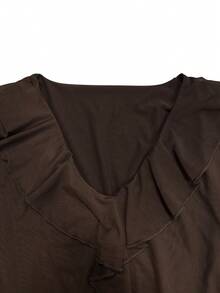 Sexy Deep V-Neck Ruffle Design Sheer Mesh Fitted Women's Top, Autumn/Winter New Style, Fashionable And Versatile - Brown - View 5