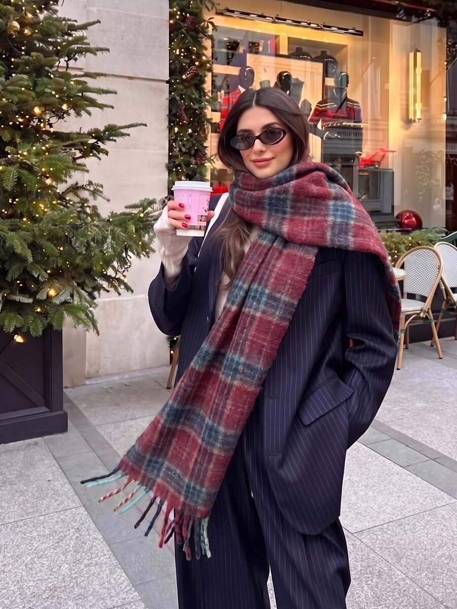 1pc Women's Christmas Rainbow Plaid Scarf, Autumn/Winter College Style Warm Neck Warmer, Suitable For Daily Life, Work, Shopping, Cold Protection And Warmth