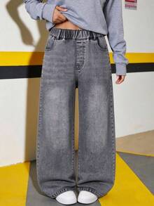 Tween Girl Loose Multi-Functional Comfortable Solid Color Straight Leg Wide Leg Denim Jeans - Black - View 1