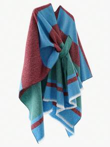 1pc Women's Fashion Classic Striped Color Block Pattern Autumn/Winter Windproof Buckle Travel Warm Shawl Jacket - Blue - View 2