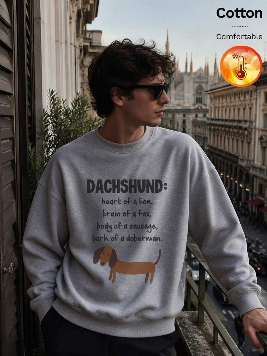 Men's Thermal Lined Crew Neck Sweatshirt, Dachshund Letter Graphic, Y2K Style, Autumn/Winter - Heather Gray - View 1