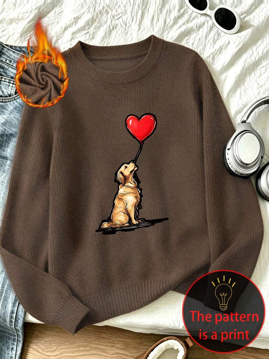 Plus-Size Women's Knit Sweater, Heart-Shaped Balloon Puppy Print, Casual, Crew Neck Long Sleeves, Suitable For Autumn And Winter. - Brown - View 1