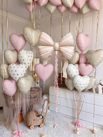 Pink 35" Large Bow Balloon Set, 18" Cream White & Gold Polka Dot Balloons And 18" Pink Heart Foil Balloons, Suitable For Birthday, Anniversary, Engagement, Bachelorette Party, Bridal Shower Decor