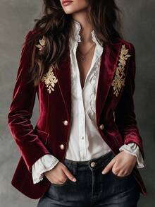 Women's Autumn/Winter Elegant Commute Holiday High-Quality Composite Velvet Fabric Single-Breasted Gold Thread Embroidered Fitted Long Sleeve Blazer - Burgundy - View 2