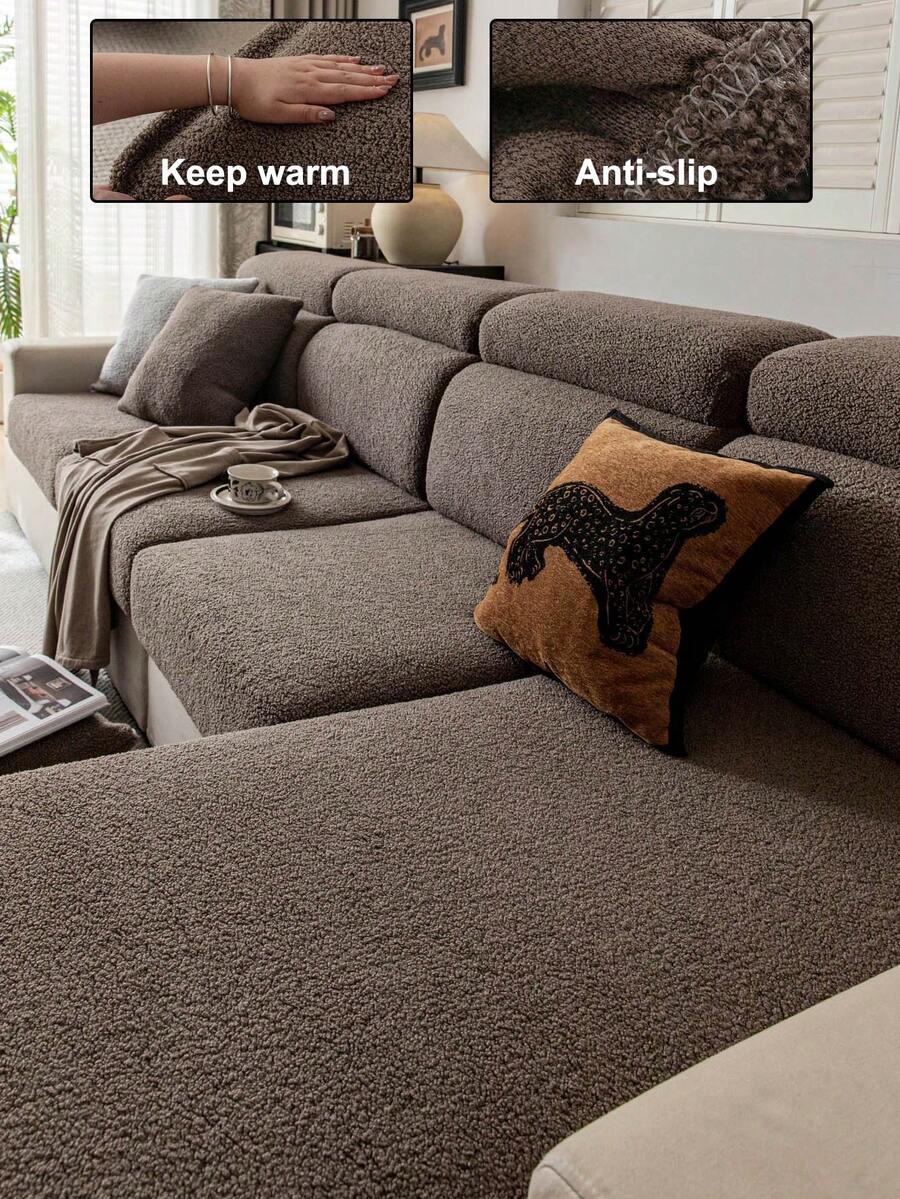 1pc Teddy Plush Solid Color Sofa Cover, Elastic Wrap-Around, Warm & Comfortable, Simple Ins Style, Pet-Friendly Anti-Slip Anti-Dirt Elastic Washable Sofa Slipcover, Suitable For L-Shaped Sofa 1/2/3/4 Seats, For Living Room, Bedroom, Study - Brown - View 1