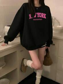 Minimalist Large Letter NEW YORK Print Loose Crew Neck Sweatshirt, Black Slimming Everyday Versatile Autumn/Winter Layering Sweatshirt - Black - View 8
