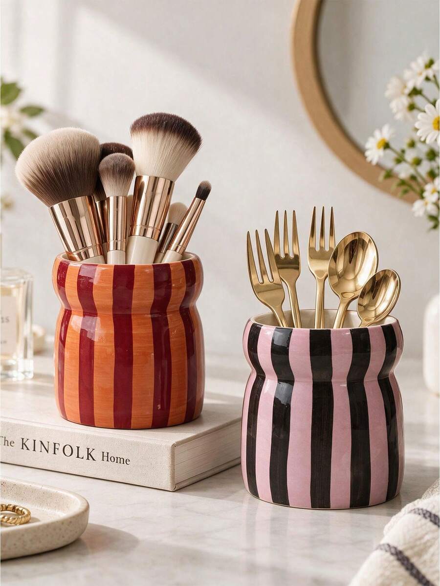 1pc Hand-Painted Striped Ceramic Makeup Box, Brush, Pen And Comb Storage Rack, Kitchen Utensil Holder For Living Room/Bedroom, Desktop Decor, Holiday Gift For Family And Friends, Aesthetic Home - View 1
