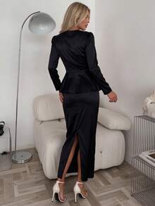 Women's 2pcs Set Black Satin Deep V-Neck Long Sleeve Ruffle Waist Top & Slit Bodycon Skirt - Black - View 4