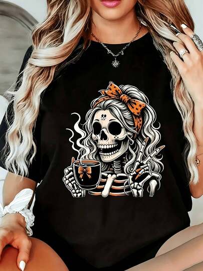 Camiseta negra de manga corta para mujerEsqueleo de Halloween café y esampado de lazo negroPrendas de vestir masculinas informales y elegantes, aptas para usar durante todo el año, con estampados., atuendo con estilo cotidiano