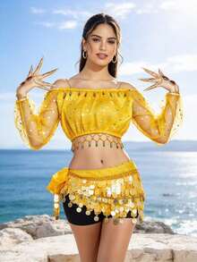 Women's Cold Shoulder Sheer Mesh Long Sleeve Crop Top With Beaded ...