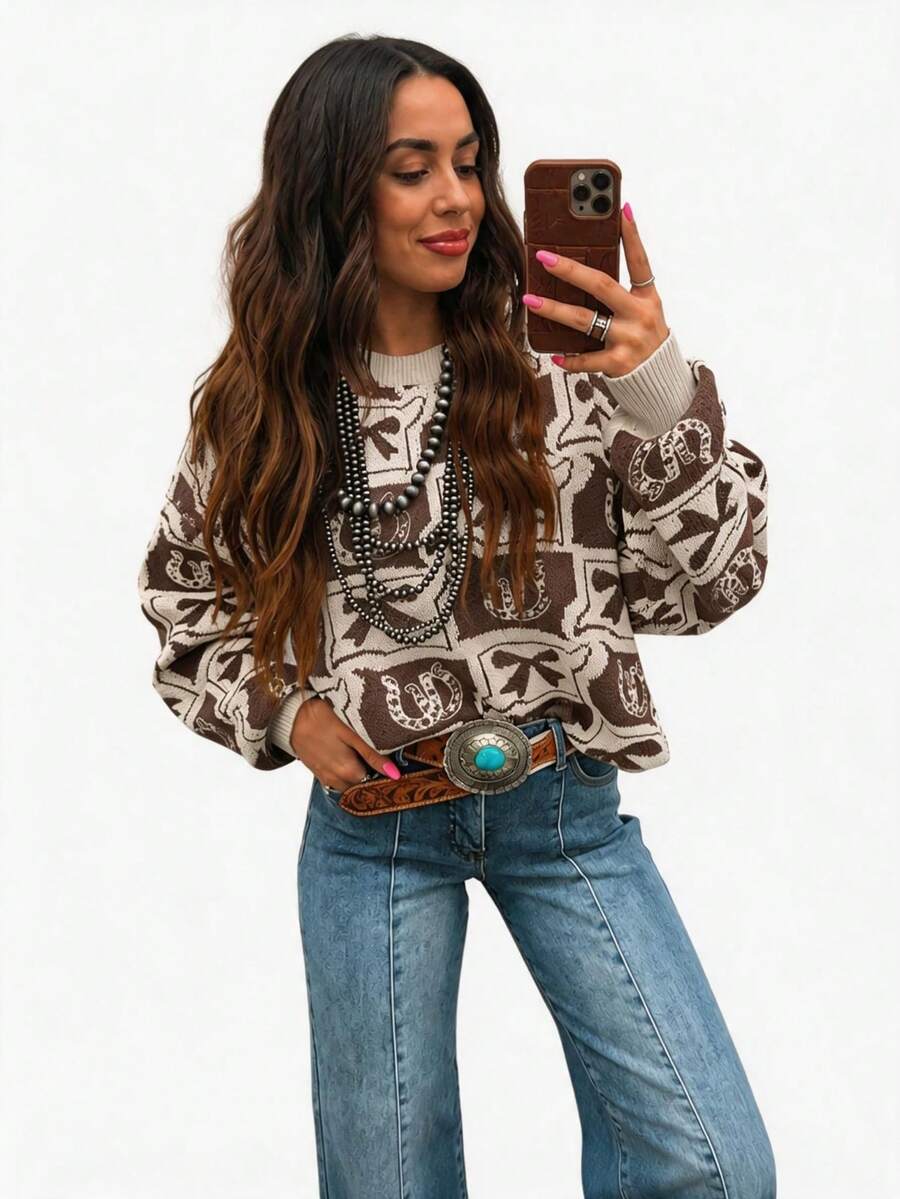 Acelitt Women's Fashionable Apricot Color Contrast Western Style Loose Knit Sweater, Winter Vacation Fall - Multicolor - View 1