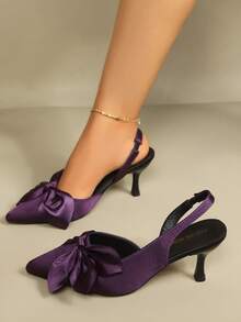 Women's Bowknot Pointed Toe High Heel Sandals, Hollow Out Ankle Strap Elegant High Heels, Spring/Summer,Kitten Heels - Purple - View 2