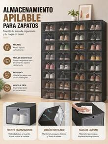 6/14 Piezas de Organizador de zapatos apilable, cajas para calzado con puerta transparente, diseño plegable y modular, almacenamiento para tenis, tacones y zapatos, ideal para dormitorio, armario y entrada, disponible en negro y blanco - Ver 3