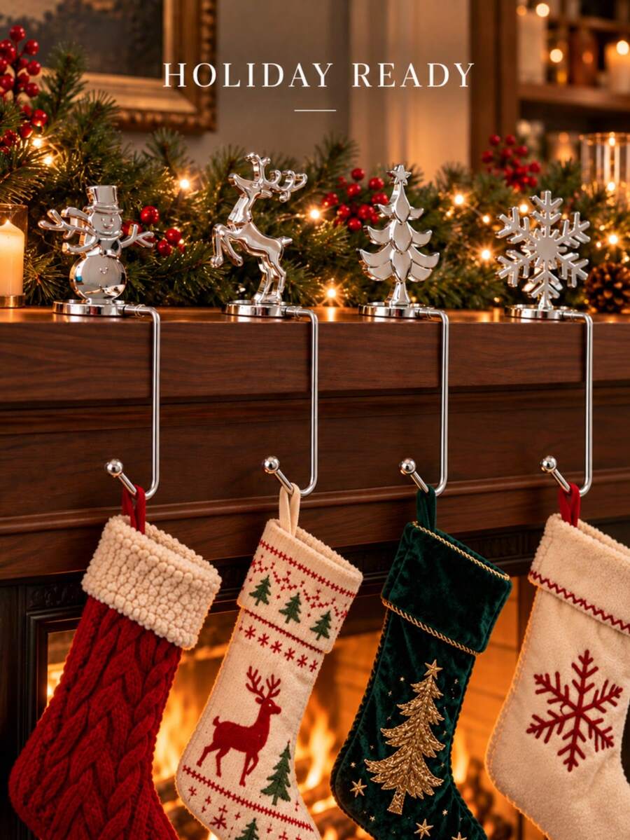 1pc Christmas Stocking Hook, Fireplace Mantel Wreath Hook, Non-Slip Fireplace Mantel Hook, Multi-Function Key Hook, Snowman, Reindeer, Christmas Tree And Santa Claus Design, Bathroom Non-Slip Base Hook, 2pcs
