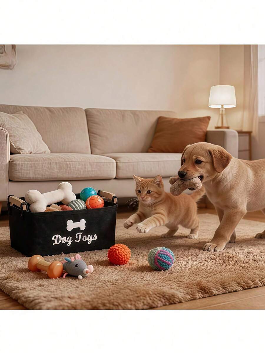 Wooden Handle Square Pet Storage Box - Durable Felt Pet Toy Storage Bin - Polyester Material, Suitable For Cat And Dog Toys, Blankets, Leashes And Pet Food Laundry Basket With Handle Home Storage Box, No Battery Required - Multicolor - View 1
