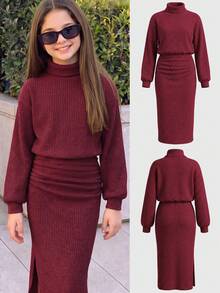 Tween Girl Solid Color High Neck Drop Shoulder Long Sleeve Ruched Casual Dress - Red - View 2