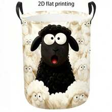 1pc Cute Cartoon Sheep Print Round Laundry Hamper With Handles, Large Capacity Foldable Fabric Storage Basket, Kids Toy & Dirty Clothes Organizer Bin For Nursery Bedroom Home Decor, Christmas Gift For Kids Toddler, Portable Space Saving - Multicolor - View 4