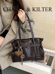 1pc PU Fabric Shoulder Tote Bag With Buckle, Suitable For Commuting, Shopping, Etc. (With Pendant) - Coffee - View 13