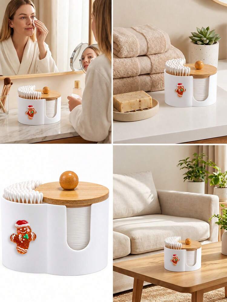 Extra Large New Gingerbread Man Shaped Bamboo Lid Plastic Storage Box (2-In-1), Desktop Cosmetic Organizer With Dual Round Holes Design, Suitable For Storing Makeup Brushes And Beauty Tools, Ideal Makeup Organizer, Vanity Accessory And Gift For Women - Multicolor - View 6