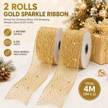 1 Roll Gold Glitter Mesh Ribbon, Sequin Hollow Net Ribbon For Gift Wrapping, Christmas Tree, Wedding Party DIY Bow Craft Decor - Multicolor - View 6