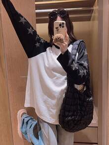 Kaos Lengan Panjang Raglan Kontras Hitam & Putih untuk Wanita, Dekorasi Rhinestone Bintang, Potongan Longgar, Lengan Raglan, Leher Bulat, Atasan Lapisan Dasar Kasual Serbaguna - Penyambungan hitam dan putih - View 4