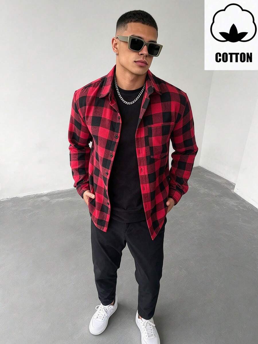 WAIT HIM Men's Casual Patchwork Plaid Long Sleeve Shirt, Christmas Gift