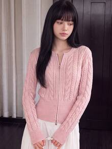 Women's New Casual Cable Knit Slim Fit Cardigan Sweater, Full Zip Front, Short Length Round Neck Long Sleeve, Suitable For Autumn/Winter Layering - Ash Powder - View 1