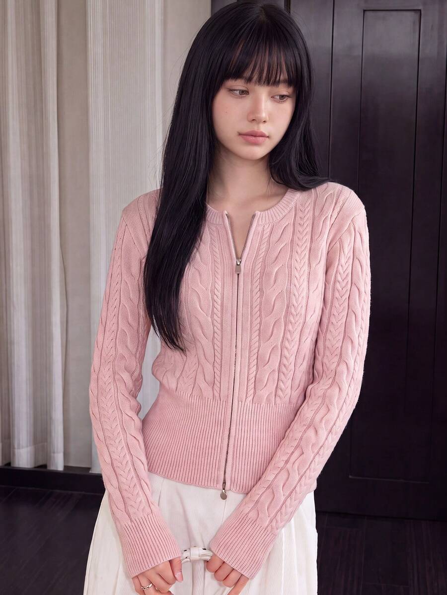 Women's New Casual Cable Knit Slim Fit Cardigan Sweater, Full Zip Front, Short Length Round Neck Long Sleeve, Suitable For Autumn/Winter Layering - Ash Powder - View 1