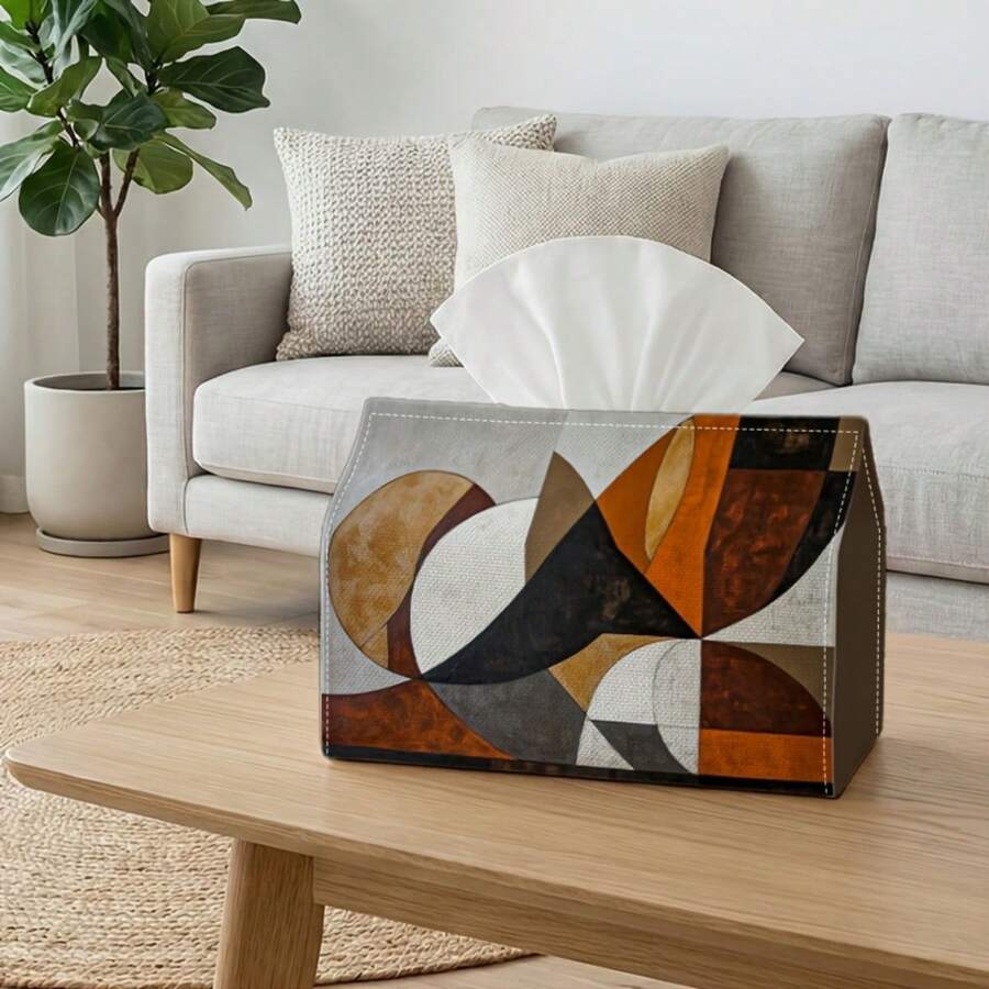 1pc Modern Geometric Design Tissue Box, Rounded Shape In Brown, Grey And White Tones, Decorative Storage Solution For Holiday Home Decor, Kitchen And Living Room