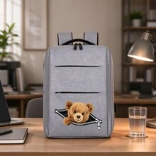 1pc 12*30*40cm Bear Print Zippered Business Backpack, Unisex Design Suitable For Campus, Short Trips, Daily Commute And Work, All-Season Large Capacity Compartment For Laptop And Various Learning Supplies - Backpack - View 1