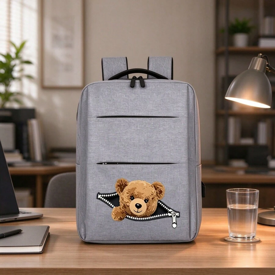 1pc 12*30*40cm Bear Print Zippered Business Backpack, Unisex Design Suitable For Campus, Short Trips, Daily Commute And Work, All-Season Large Capacity Compartment For Laptop And Various Learning Supplies - Backpack - View 1