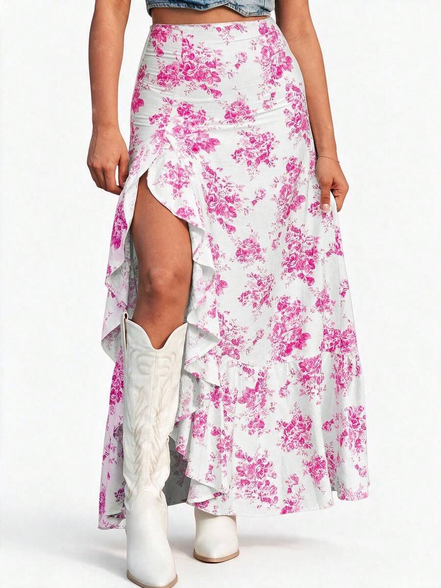 Acelitt Sky Blue Bohemian Style Ditsy Floral High Waist Ruffle Hem Slit Maxi Skirt Summer - Rose Red - View 1