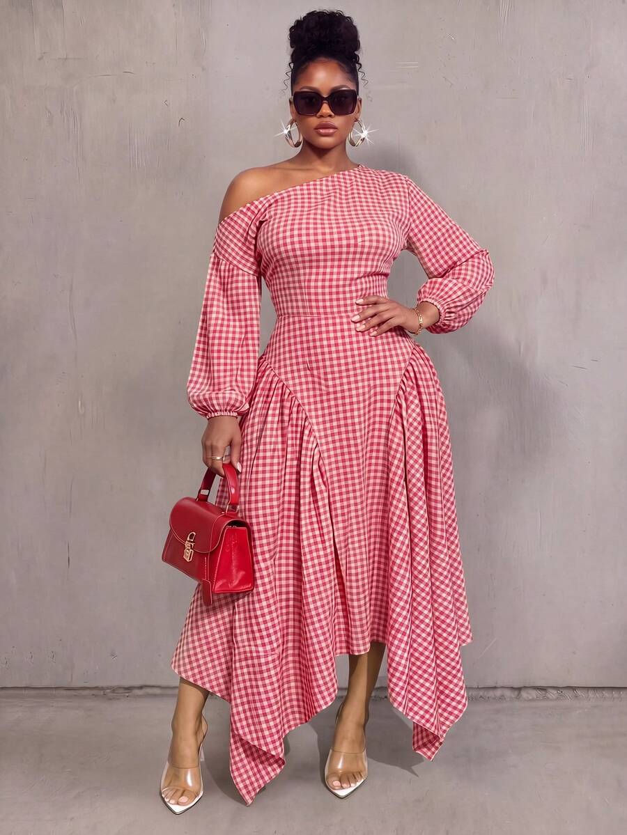 Plus Size Plaid Asymmetrical Collar Dress Elegant - Multicolor - View 1